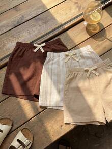 SHEIN 男嬰蝴蝶結裝飾休閒短褲多件套下裝，彩色卡其色、白色、棕色，百搭舒適，夏季日常基礎經典款 - 彩色 - 查看 5