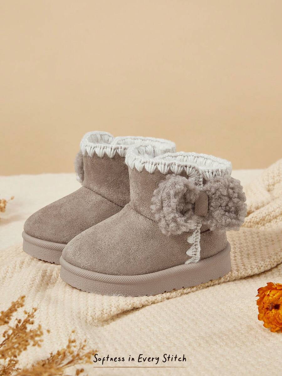 Cozy Pixies 女童卡其色可愛蝴蝶結冬季雪地靴 | 甜美風格保暖毛絨內裡 | 休閒輕量穿脫方便 | 戶外玩雪日常穿著 - 卡其色 - 查看 1