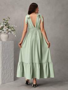 Momance Robe de maternité élégante sans manches avec col en V profond et nœud aux épaules, couleur unie - Vert - Voir 2