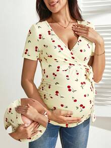 SHEIN Nursing Function Cherry Print Tie-Front Short Sleeve Top - Yellow - View 1