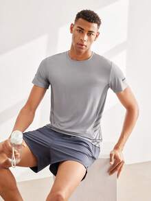 Driftmere Boyfriend Style Men's Ice-Cooling Elastic Short Sleeve & Quick-Dry Sports Shorts Set, Summer Boyfriend Style Men Two Pieces Outfits Gym Workout Running - Grey - View 8