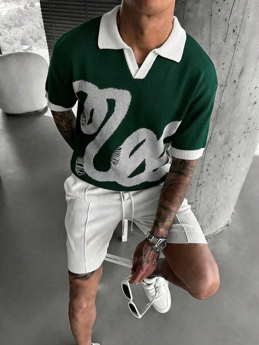 EGENSIO Top de punto de manga corta con bloques de color para hombre - Verde Oscuro - Ver 1