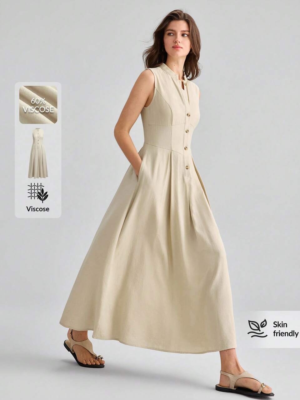 Summer Women's Long Dress, Solid Beige Sleeveless Waist-Defining A-Line Pleated With Button Placket, Teachers' Day Office Brunch Elegant Minimalist