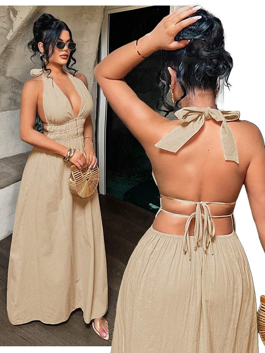 SHEIN SXY Women's Solid Color Deep V-Neck Ruched Waist Sexy Tropical Tropical Halter Long Dress Night Out Vacation Khaki Summer Beach Vacation Club - Camel - View 1