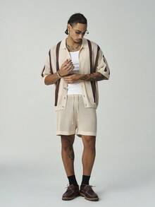 ÉpureWay Men's Striped Pattern Button Front Short Sleeve Top And Shorts Knit Sweater Set Men Crochet Short Set Men Stripe Button Up Shirt Shorts Set - Multicolor - View 4