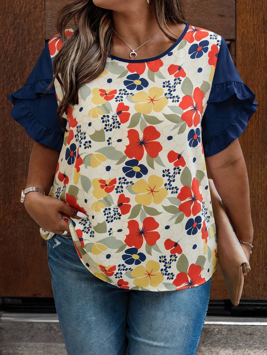 EMERY ROSE Camisa casual de vacaciones para mujer talla grande con estampado de colores contrastantes y mangas de pétalos para primavera/verano - Azul - Ver 1
