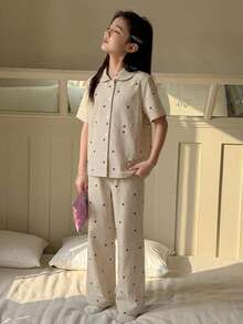 DAZY Conjunto de ropa de estar en casa para niña preadolescente con estampado de corazones en todo el Body y ribete en contraste, ropa de otoño - Beis - Ver 7
