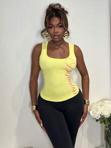 Mariisbox Women's Black Versatile Commuter U-Neck Silver English Letter Print Streetwear Slim Fit Camisole Tank Top, Suitable For Spring/Summer Casual Yellow - Yellow - View 4