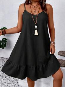 SHEIN LUNE CURVE Plus Size Women's Solid Color Ruffle Hem Cami Dress For Vacation - Black - View 6