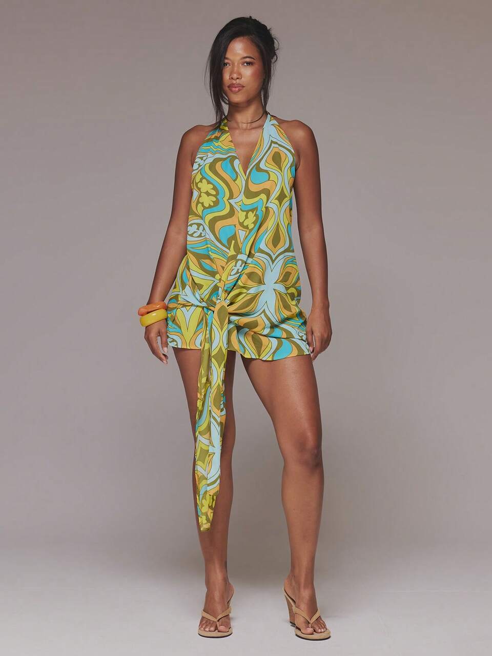 Multi Print Graphic Halter Drape Dress