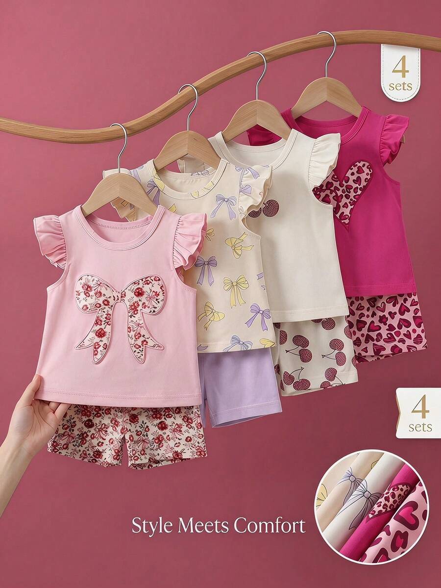 SHEIN Playful Pals 4套幼童女嬰可愛豹紋花卉蝴蝶結荷葉袖軟綿兩件式套裝 夏季短褲上衣套裝 度假海灘穿搭 粉色白色 - 彩色 - 查看 1