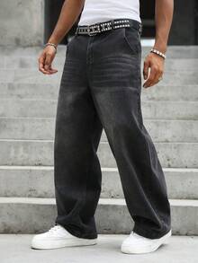 Manfinity EMRG Men's Casual Washed Straight Leg Jeans - Black - View 3