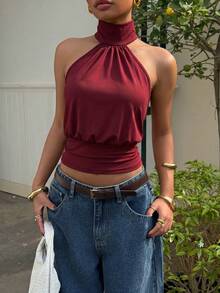 Muchica Wine Red Knit Halter Neck Women's Top - Burgundy - View 8