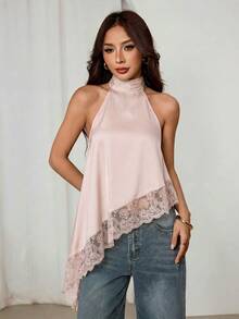 SHEIN PETITE 不對稱高領掛脖上衣 蕾絲飾邊 晚宴派對款 - 淺粉色 - 查看 8