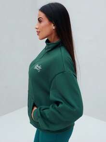 Maju Mazalli Hochgeschlossene Boxy Passform Reißverschluss Trainingsjacke Sport Aktiv Workout Winter Abend - Grün - Übersicht 3