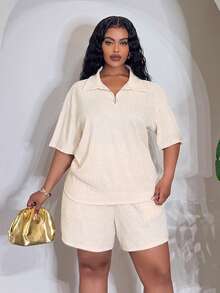 Slaydiva Plus Size Women's Solid Color Short Sleeve Top And Shorts Casual Everyday Set Formal Holiday White Summer - Apricot - View 7