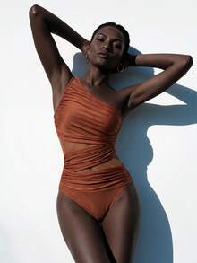 SHEIN 女款純色抓皺網布拼接連身泳衣，附圍裙式裙擺，適合夏季海灘度假，棕色 - 棕色 - 查看 7