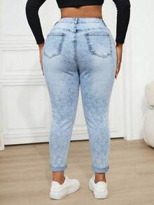 SHEIN ICON Plus Size Distressed Blue Denim Skinny Jeans - Light Wash - View 2