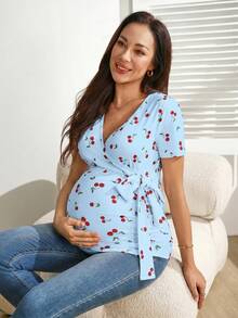 SHEIN 孕婦V領花卉印花哺乳上衣，休閒百搭日常穿著 - 藍色 - 查看 6