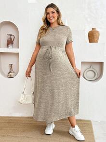 Plussiva Plus Size Maternity Round Neck Short Sleeve Waist Tie Casual Dress Photoshoot Summer - Grey - View 4
