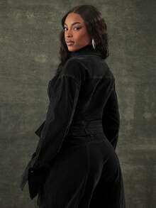 Denimoi Cinched Waist Corset Detail Cropped Button Front Collared Velvet Denim Cuffed Denim Jacket - Black - View 5