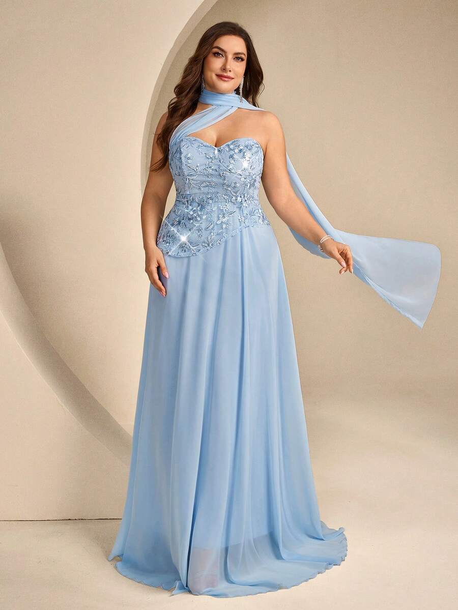 Coutiva 大尺碼女款優雅刺繡亮片抹胸綁帶露背正式晚禮服,奢華優雅派對洋裝 - 藍色 - 查看 1