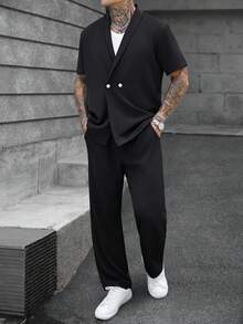 SLATEMANN 男士純色短袖襯衫與長褲休閒日常穿搭 - 黑色 - 查看 4