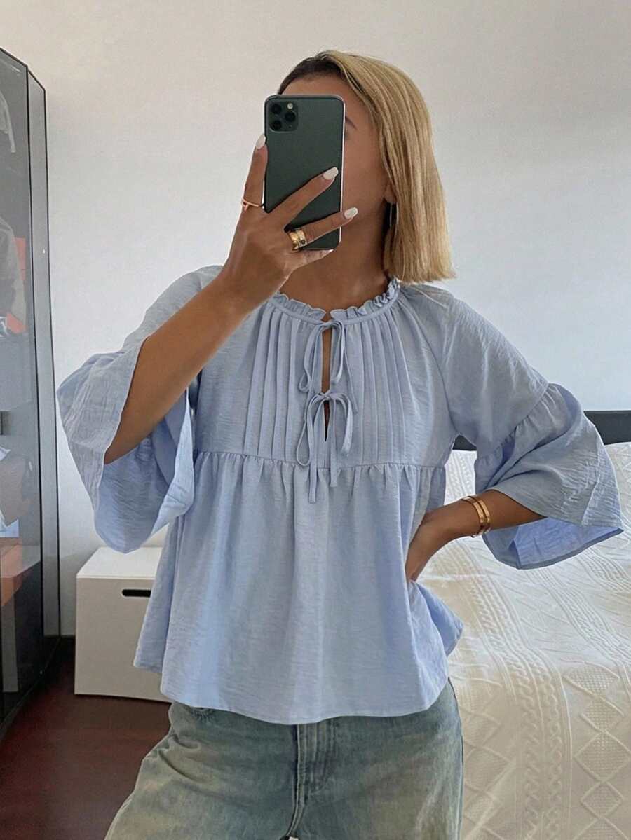 DAZY Solid Color Loose Short Sleeve Round Neck Pleated Casual Vacation Summer Blouse Shirt For Women - Blue - View 1