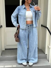 Muchica Plus Size Women's Long Sleeve Single-Breasted Shirt And Wide Leg Jeans Casual 2 Pieces Set - Baby Blue - View 6