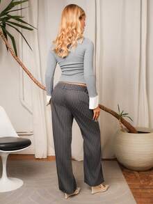 Victoria Miranda Women's Casual Fitted Knit Striped Shirt Spring - Dark Grey - View 2