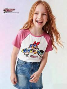 Maija Kids THE POWERPUFF GIRLS X SHEIN Maija Kids 兒童 1 件大童女孩休閒 Y2K 卡通圖案極簡短袖高腰 T-shirt，適合夏季返校校園穿搭，白色 - 彩色 - 查看 6