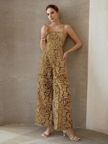 MOTF PREMIUM SUMMER ARTISTIC ROSE TEXTURE CAMISOLE JUMPSUIT, ELEGANT WAIST-CINCHING SLIMMING HIGH-END DESIGN FOR WOMEN - Khaki - View 6