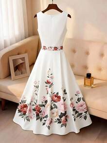 SHEIN Rosurelle Vestido midi de corte ajustado y acampanado con cuello redondo y estampado floral blanco, para uso casual, vacaciones, trayecto al trabajo, playa y eventos de boda - Multicolor - Ver 2