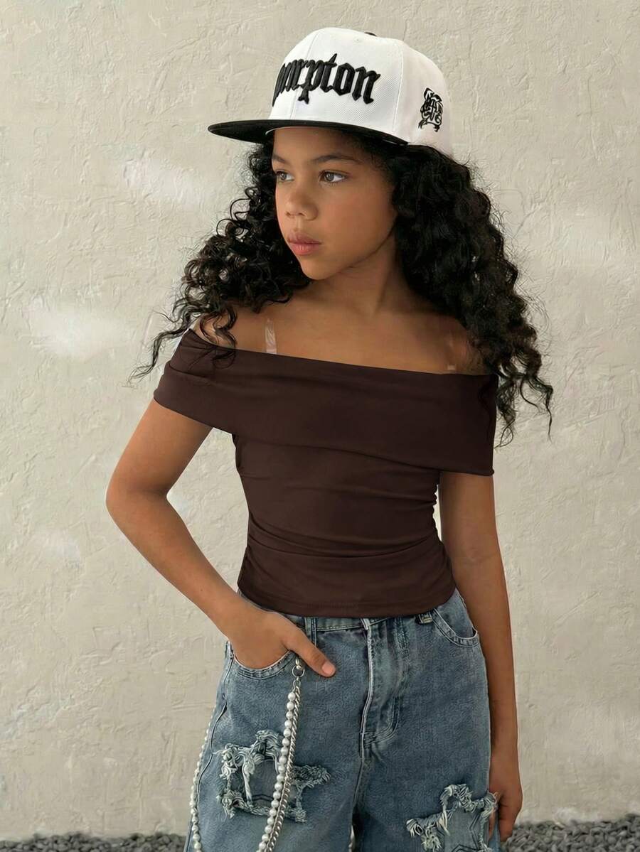 Coolane Kids Camiseta corta ajustada de hombros descubiertos de color liso para niña preadolescente en verano - Café integral - Ver 1
