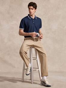 Courvante 男士夏季條紋短袖休閒通勤 Polo 正裝襯衫，儀式適用 - 寶藍色 - 查看 7