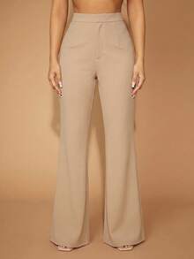 SHEIN SXY Pantalones de pierna acampanada de unicolor minimalista casual para mujer talla grande para oficina y desplazamientos - Caqui - Ver 2