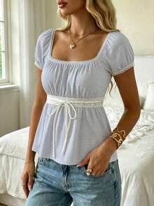 CovetEZ Blue Striped Print Square Neck Petal Sleeve Tie Front Tee, Suitable For Summer,Summer Top - Multicolor - View 6