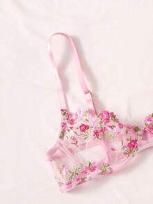 QuietHaus Embroidery Sheer Mesh Underwire Bra & Panty Lingerie Set - Pink - View 4