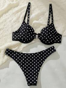 Swim Vcay 女款波點印花比基尼套裝，含比基尼上衣與三角泳褲 - 黑與白 - 查看 14