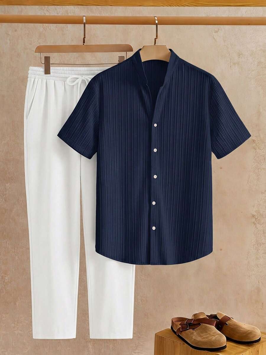 HIMLAND 2pcs/Set Men's Casual Woven Stand Collar Small V-Neck Short Sleeve Shirt Set