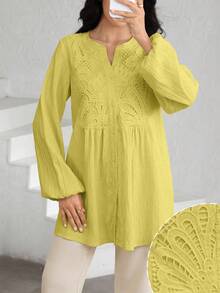 Graceveil Solid Color Lace Patchwork Textured Blouse - Yellow - View 7