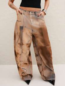 Maju Mazalli Wide Barrel Leg Unique Washed Denim Jeans Fashionable Streetwear Casual - Medium Wash - View 6