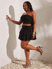 SHEIN SXY Black Stretch Lace Mini Skirt With Drawstring Waist And Layered Ruffles, Perfect For Vacation. Gothic Style, Casual Yet Sexy Street Wear. Autumn Gym - Black - View 6