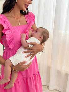 Lyckli Maternity Solid Color Ruffle Hem Nursing Dress - Pink - View 3