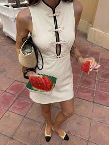 Serisse Women's Elegant Retro 80s And 90s 70s Retro Sleeveless Short Dress With Frog Button Design Tea Party Brunch Date Party Black And White Summer - Apricot - View 6