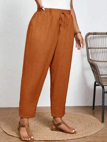 Shapeblank Plus Size Solid Color Casual Trousers With Elastic Waist And Diagonal Pockets Casual Summer Vacation Daily Going Out Pants For Women - Orange - View 6