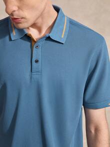 Courvante Men's Summer Casual Contrast Trim Button Placket Short Sleeve Polo Shirt For Men Collar - Blue - View 6