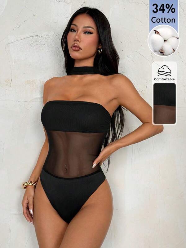 SHEIN PETITE Bodysuit nữ cổ yếm phối lưới xuyên thấu gợi cảm cho hẹn hò đi chơi đêm