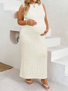 Plussiva Plus Size Solid Color Round Neck Sleeveless Fitted Elegant Maternity Chic Dress Photoshoot Summer Baby Shower Birthday Cream - Apricot - View 7