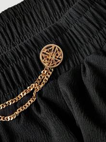 SHEIN MOD 女款秋季休閒優雅鏈條裝飾花苞裙 夜黑金配色 萬聖節 開學季 - 黑色 - 查看 3